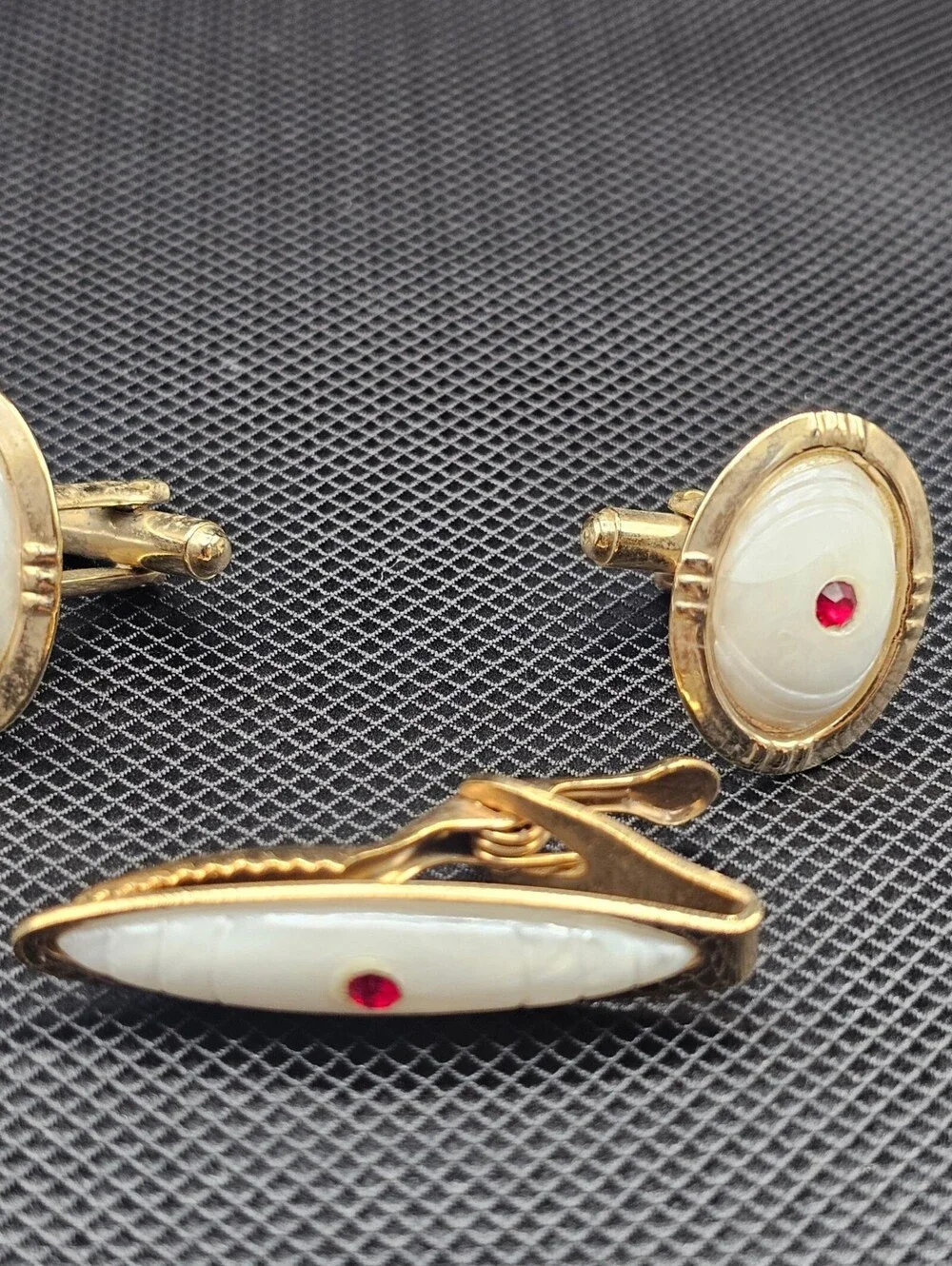 Vintage Gold Tone Cufflinks and Tie Clip Set with White and Red Accents